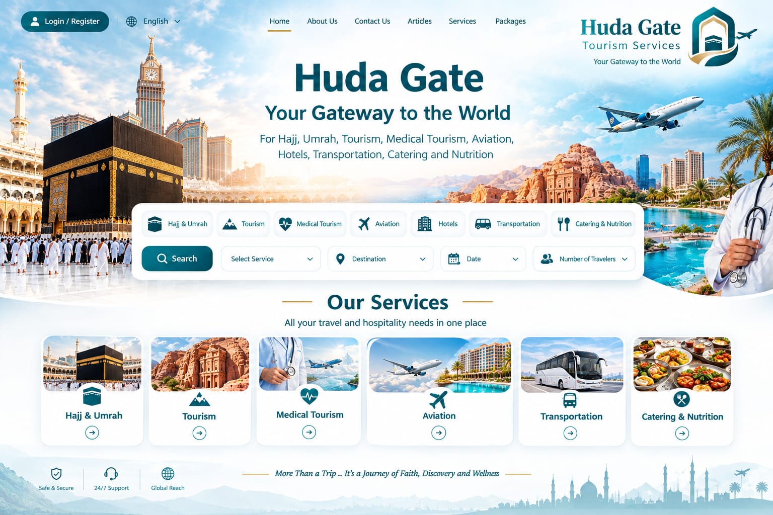Huda Gate — Your Gateway to the World. Hajj & Umrah, tourism, medical tourism, aviation, hotels, transportation, catering and nutrition.